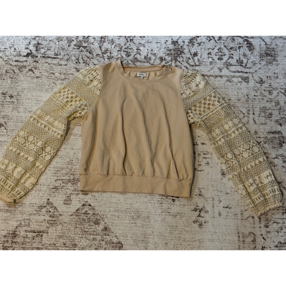 The Odells Tan Cotton Sweatshirt Embroidered Lace Balloon Sleeve Womens Small